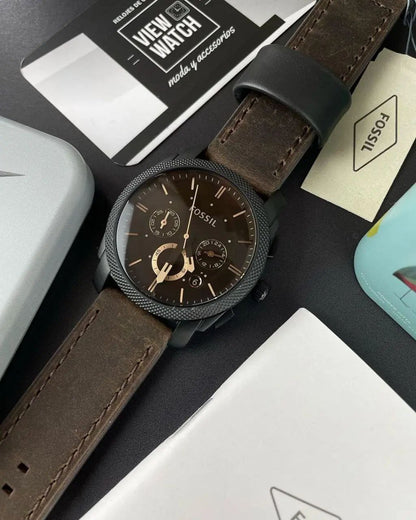 Fossil Brown Leather Multifunction Dial Black Case Watch for Men