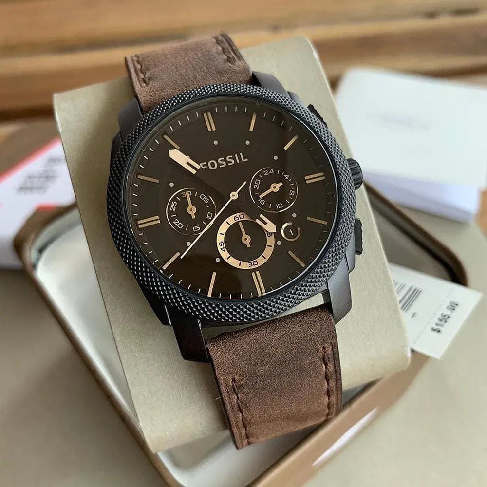 Fossil Brown Leather Multifunction Dial Black Case Watch for Men