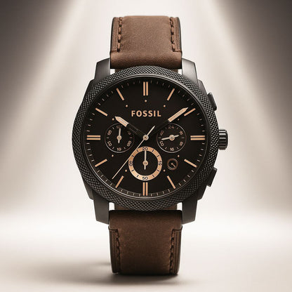 Fossil Brown Leather Multifunction Dial Black Case Watch for Men