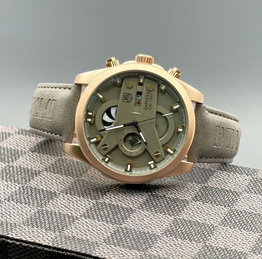 TAG Carrera Style Multi-Function Olive Dial Rose Gold Case Leather Strap Watch