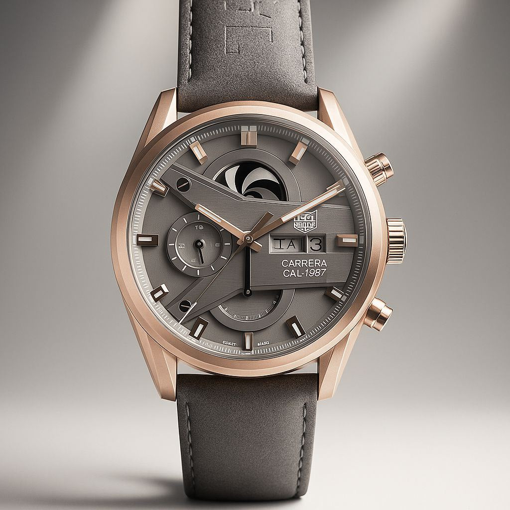 TAG Carrera Style Multi-Function Olive Dial Rose Gold Case Leather Strap Watch