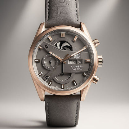 TAG Carrera Style Multi-Function Olive Dial Rose Gold Case Leather Strap Watch