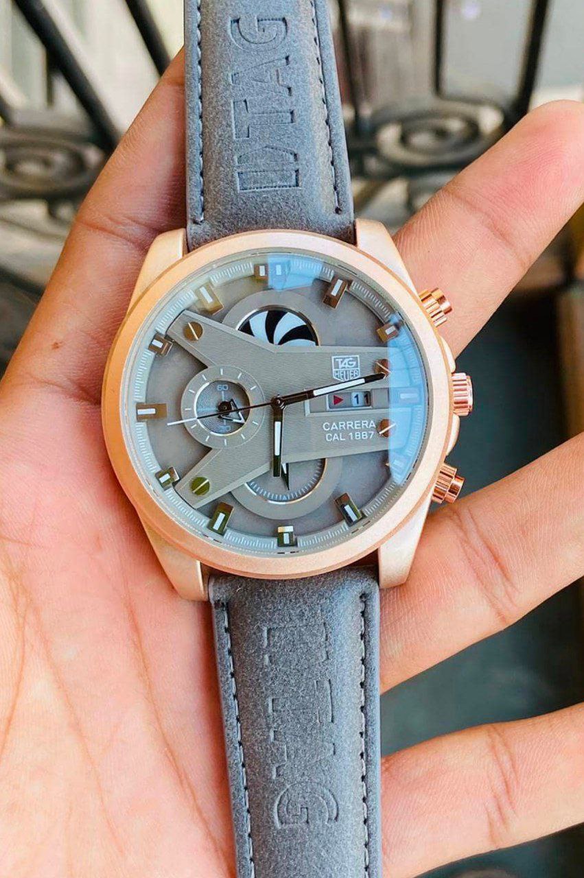 TAG Carrera Style Multi-Function Olive Dial Rose Gold Case Leather Strap Watch
