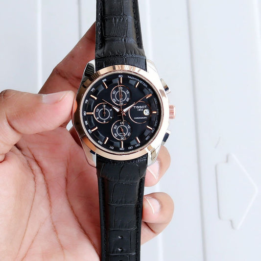 Tissot Style Black Dial Chronograph Rose Gold Bezel Leather Strap Watch