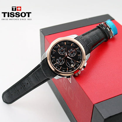 Tissot Style Black Dial Chronograph Rose Gold Bezel Leather Strap Watch