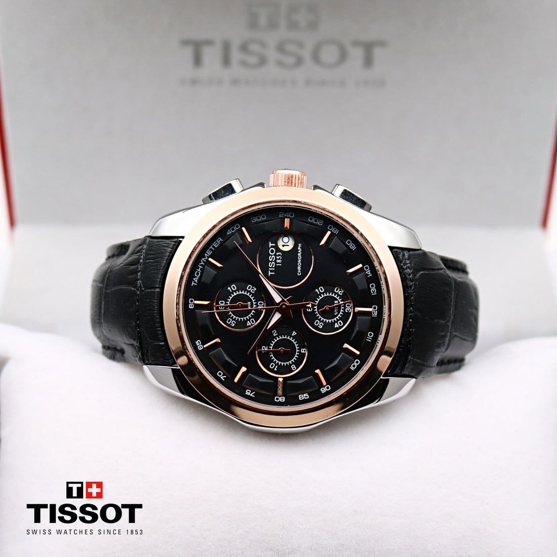 Tissot Style Black Dial Chronograph Rose Gold Bezel Leather Strap Watch