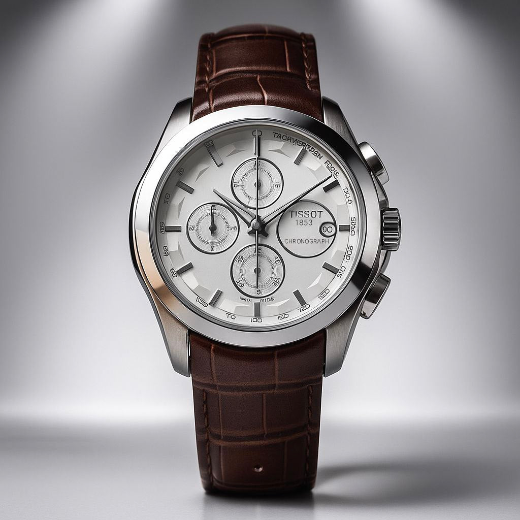 Tissot Style White Dial Chronograph Stainless Steel Brown Leather Strap Watch