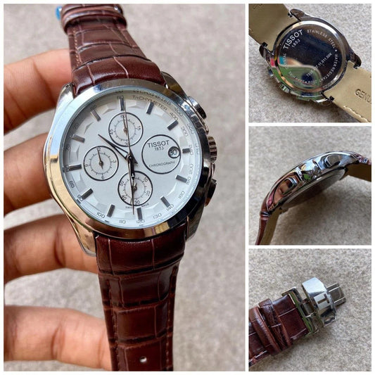 Tissot Style White Dial Chronograph Stainless Steel Brown Leather Strap Watch