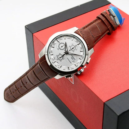 Tissot Style White Dial Chronograph Stainless Steel Brown Leather Strap Watch