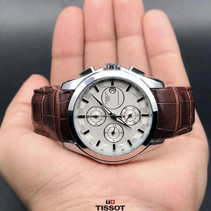 Tissot Style White Dial Chronograph Stainless Steel Brown Leather Strap Watch