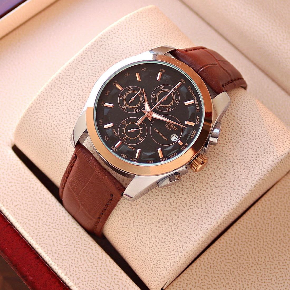 Tissot Style Black Dial Chronograph Gold Bezel Brown Leather Strap Watch