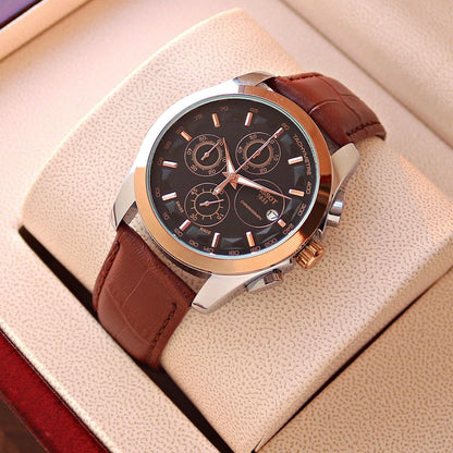 Tissot Style Black Dial Chronograph Gold Bezel Brown Leather Strap Watch
