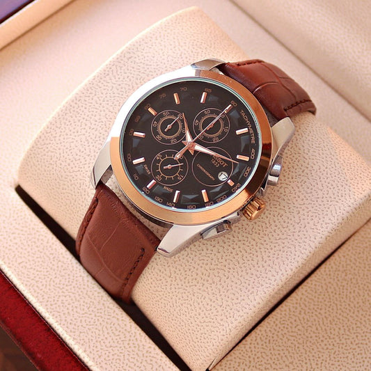 Tissot Style Black Dial Chronograph Gold Bezel Brown Leather Strap Watch