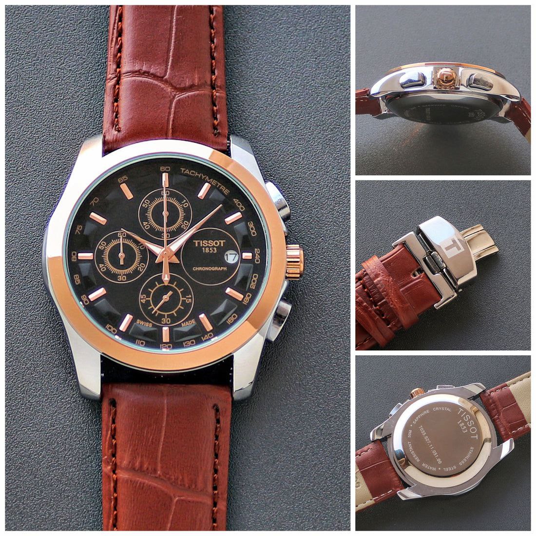Tissot Style Black Dial Chronograph Gold Bezel Brown Leather Strap Watch