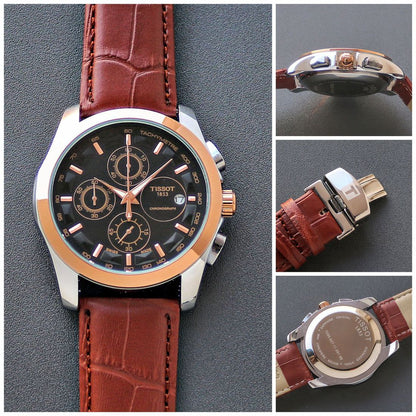 Tissot Style Black Dial Chronograph Gold Bezel Brown Leather Strap Watch