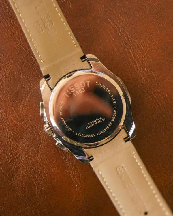Tissot Style Black Dial Chronograph Gold Bezel Brown Leather Strap Watch
