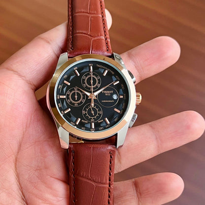 Tissot Style Black Dial Chronograph Gold Bezel Brown Leather Strap Watch