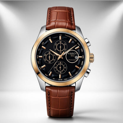 Tissot Style Black Dial Chronograph Gold Bezel Brown Leather Strap Watch