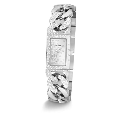 Guess Silver Chain Crystal Rectangular Watch