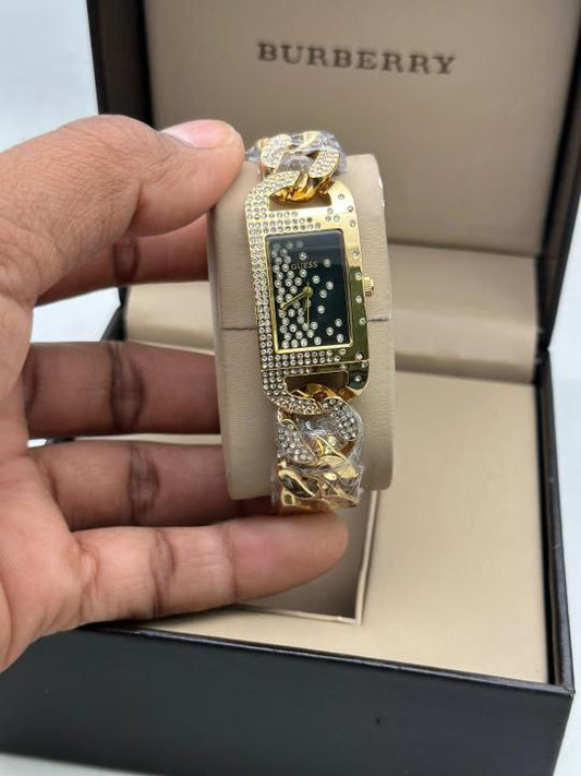 Guess Gold Chain Crystal Black Dial Watch