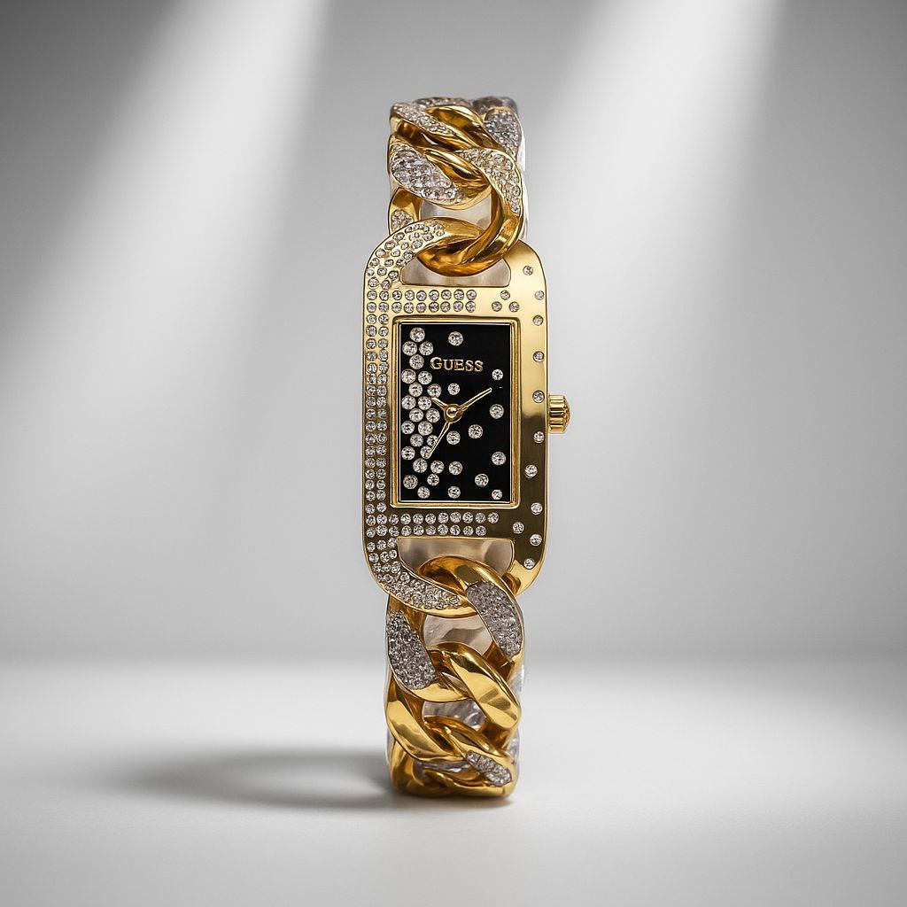 Guess Gold Chain Crystal Black Dial Watch