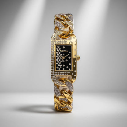 Guess Gold Chain Crystal Black Dial Watch