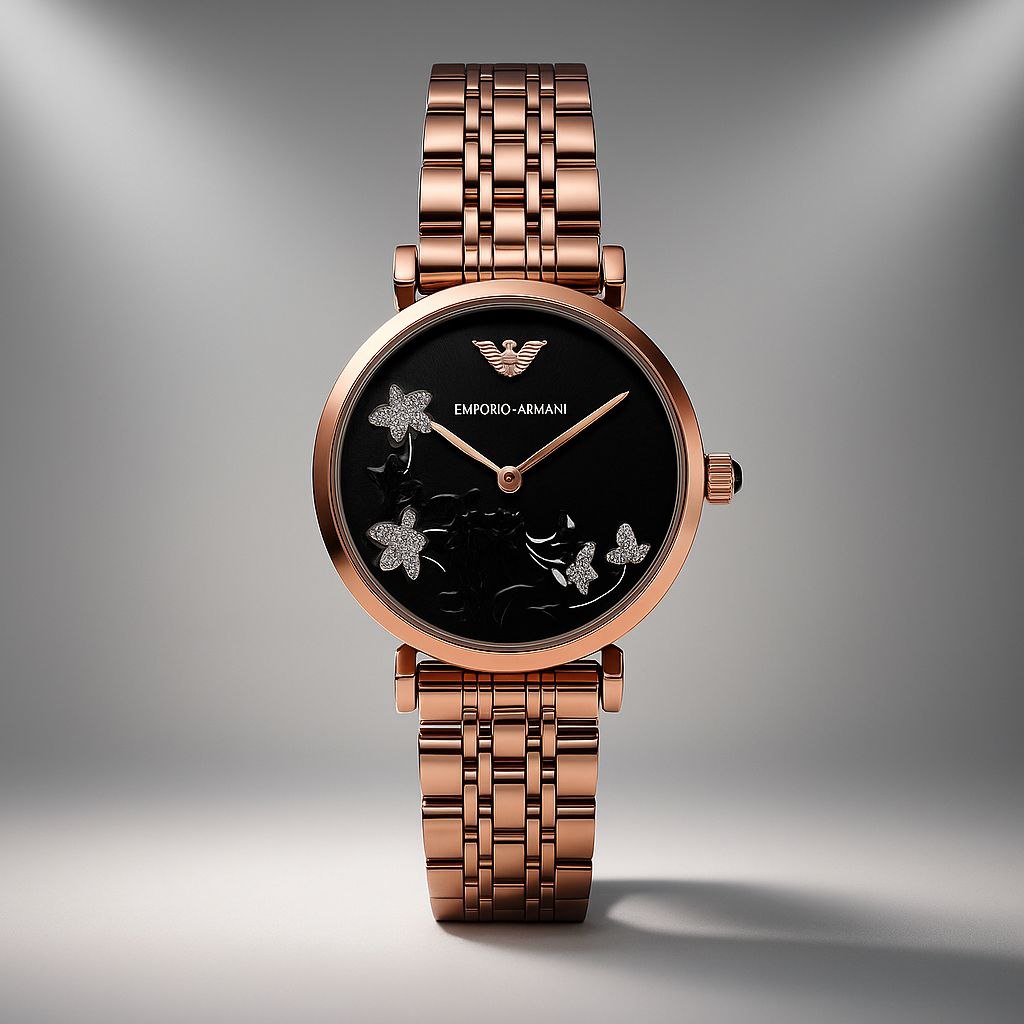 Emporio Armani Rose Gold Butterfly Black Dial Watch