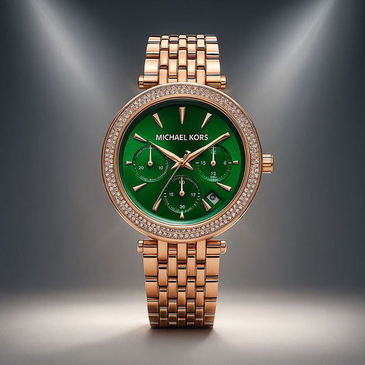 Michael Kors Green Dial Rose Gold Chronograph Watch