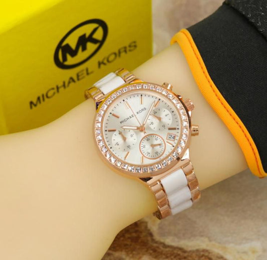 Michael Kors White Ceramic Rose Gold Chronograph Watch