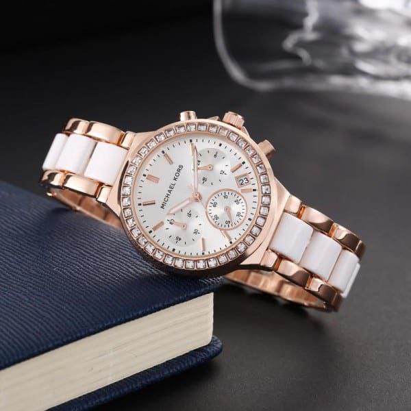 Michael Kors White Ceramic Rose Gold Chronograph Watch