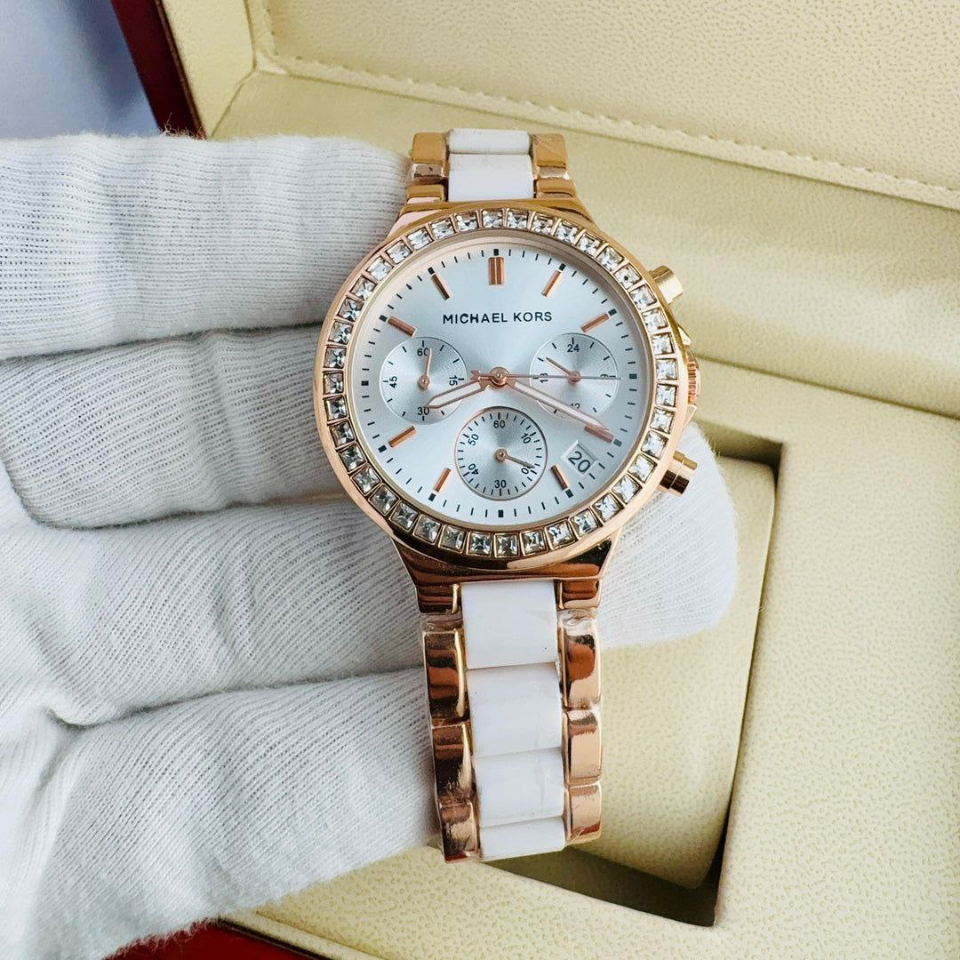 Michael Kors White Ceramic Rose Gold Chronograph Watch