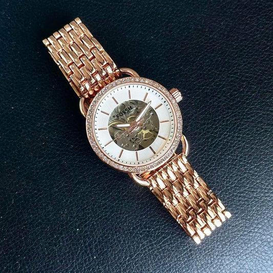 Fossil Gold Skeleton Dial Crystal Bezel Watch