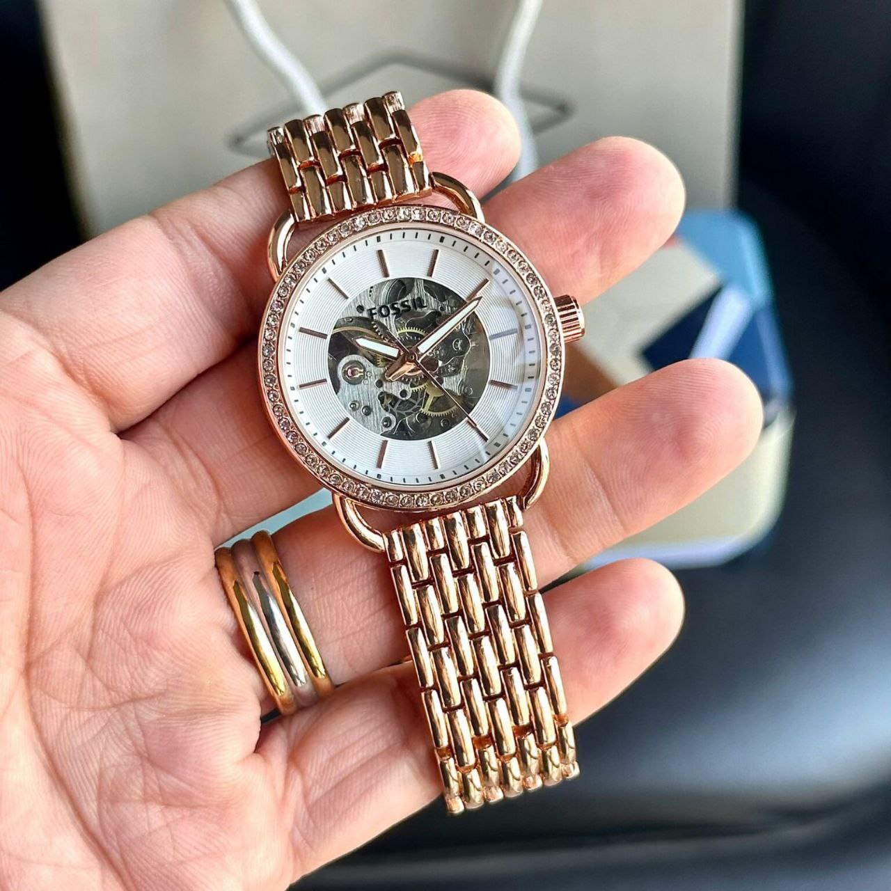 Fossil Gold Skeleton Dial Crystal Bezel Watch