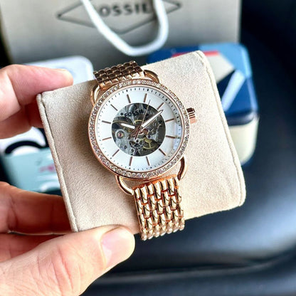 Fossil Gold Skeleton Dial Crystal Bezel Watch