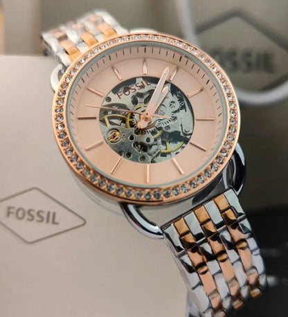 Fossil Two Tone Rose Gold Skeleton Dial Watch