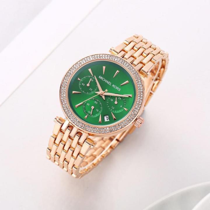 Michael Kors Green Dial Rose Gold Chronograph Watch