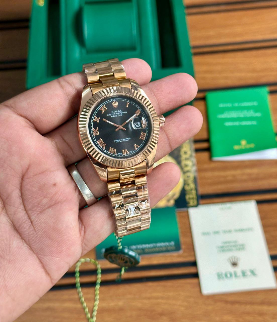 Rolex Datejust Black Dial Everose Gold President Bracelet Watch