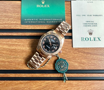 Rolex Datejust Black Dial Everose Gold President Bracelet Watch