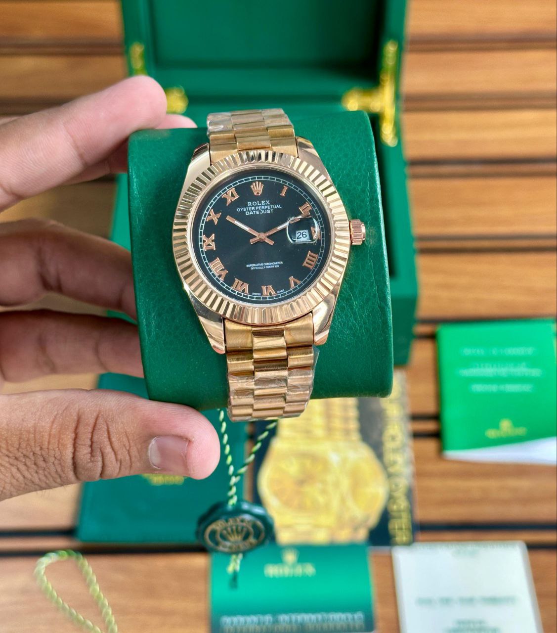 Rolex Datejust Black Dial Everose Gold President Bracelet Watch