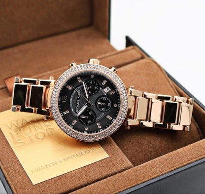 Michael Kors Rose Gold Black Dial Chronograph Watch