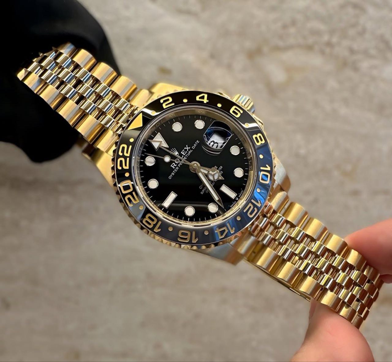 Rolex GMT-Master II Black Dial Yellow Gold Jubilee Bracelet Watch