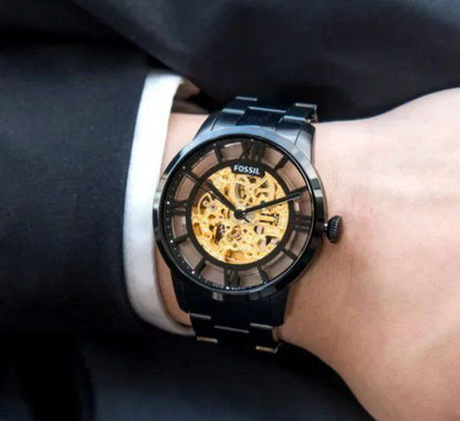 Fossil Black Stainless Steel Skeleton Dial Analog Watch for Men