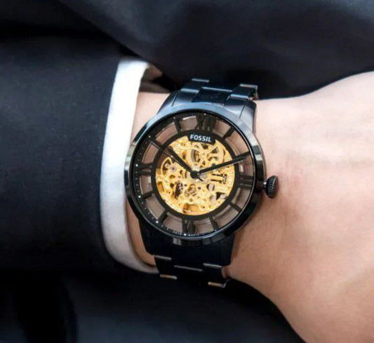 Fossil Black Stainless Steel Skeleton Dial Analog Watch for Men