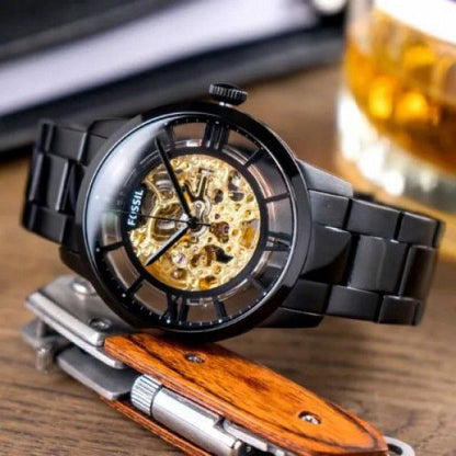 Fossil Black Stainless Steel Skeleton Dial Analog Watch for Men