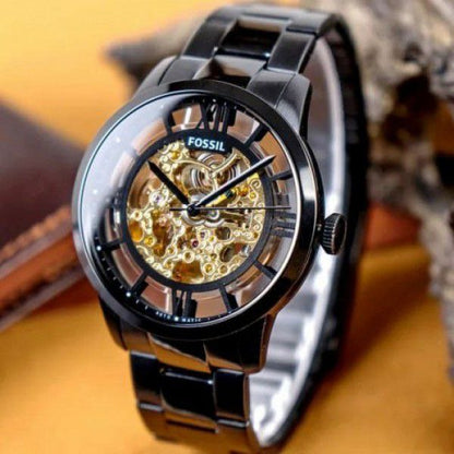 Fossil Black Stainless Steel Skeleton Dial Analog Watch for Men