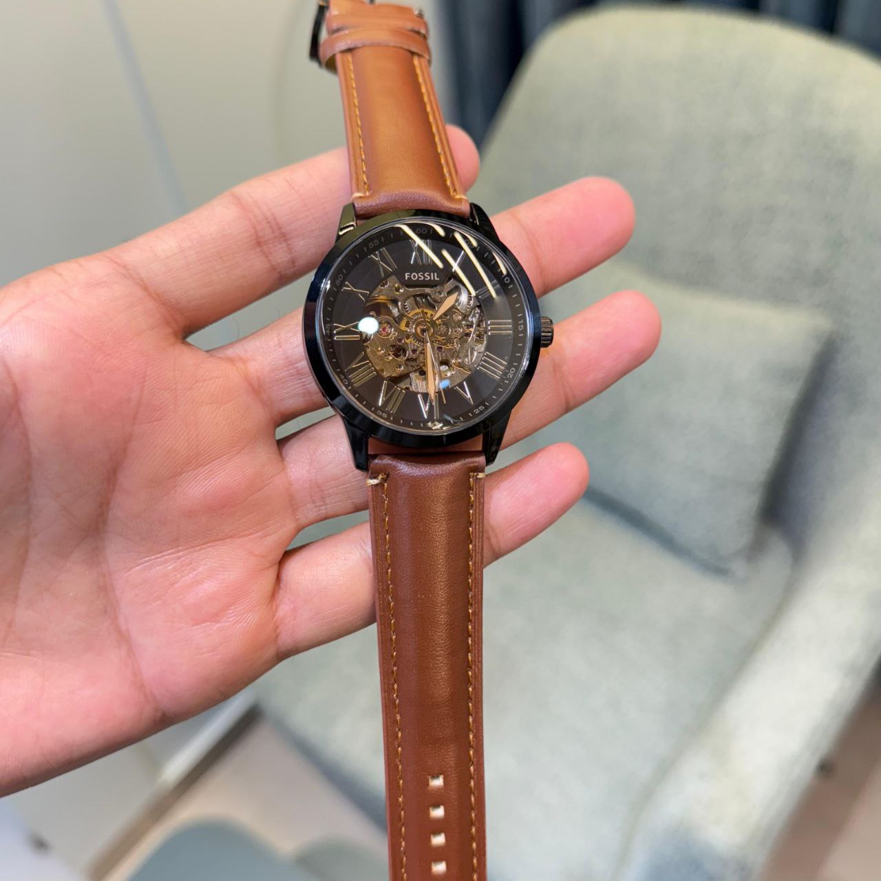 Fossil Brown Leather Skeleton Dial Analog Watch for Men