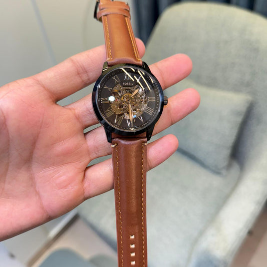 Fossil Brown Leather Skeleton Dial Analog Watch for Men