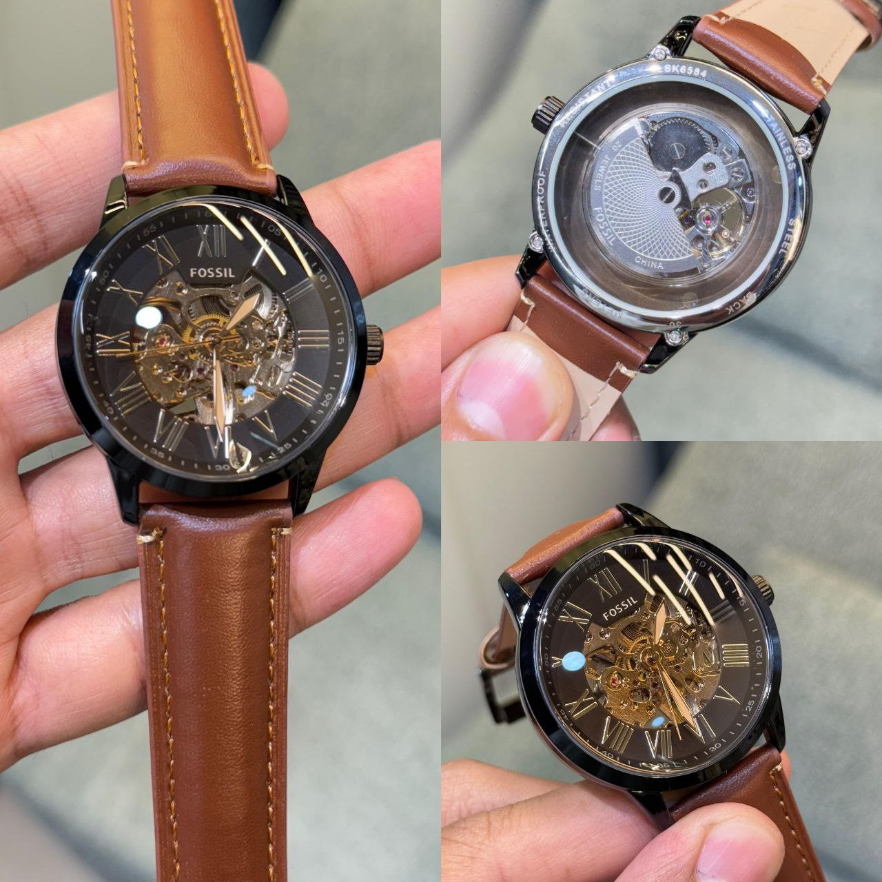 Fossil Brown Leather Skeleton Dial Analog Watch for Men