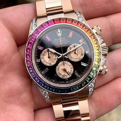 Rolex Daytona Rainbow Everose Gold Black Dial Diamond Chronograph Watch