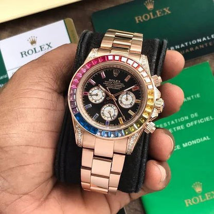 Rolex Daytona Rainbow Everose Gold Black Dial Diamond Chronograph Watch